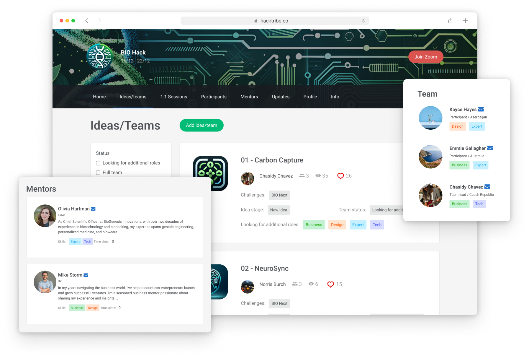 HackTribe product preview showing event page, ideas, teams, and mentors
